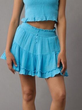 American Eagle Blue Tiered Ruffle Skort Shorts Smocked Waist Size XL
